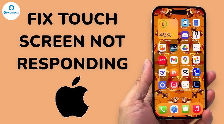 Hand holding iPhone with text 'Fix touch screen not responding' and Apple logo, phone repair theme.