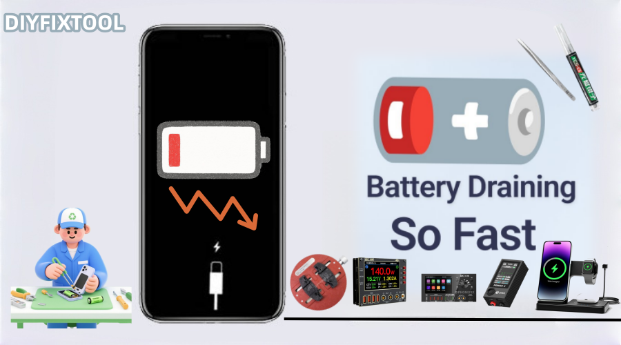 Mobile phone low battery icon, battery draining issue, phone repair tools and technician illustration