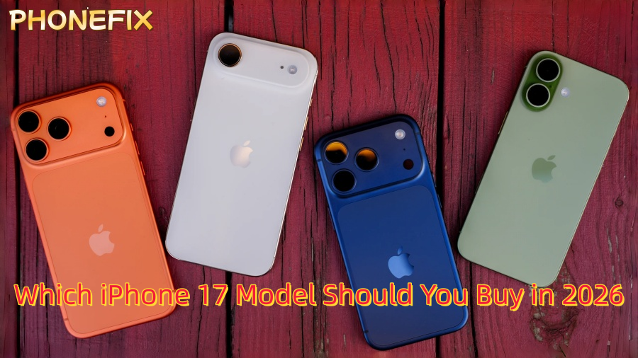 Four colorful iPhone models on red wooden surface, text reads which iPhone 17 model to buy in 2026.