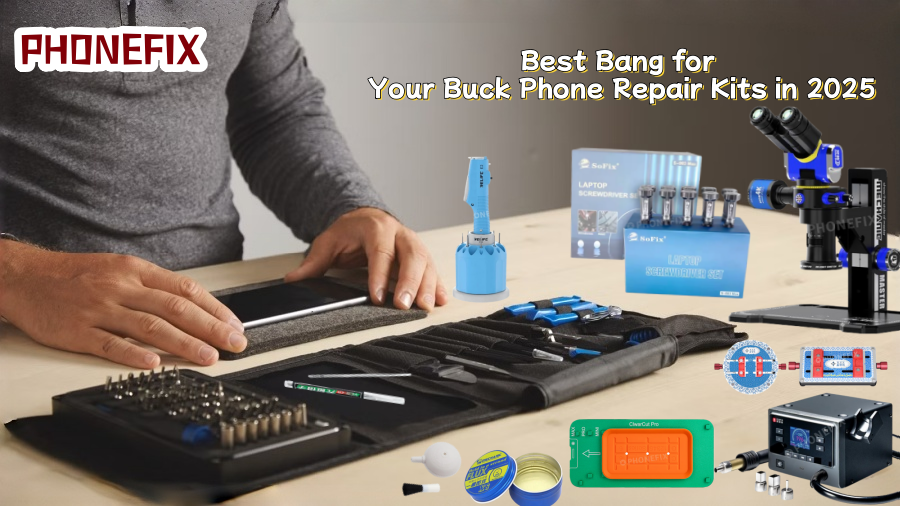 Technician using phone repair kit with precision tools, screwdrivers, microscope, soldering station, and accessories, showcasing mobile phone repair equipment in 2025.