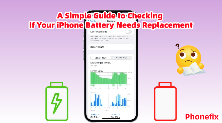 iPhone battery settings screen with battery health stats, battery icons, and guide text on purple background