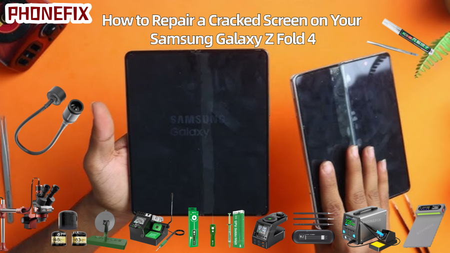 Hands holding Samsung Galaxy Z Fold 4 with cracked screens, surrounded by phone repair tools on orange background.