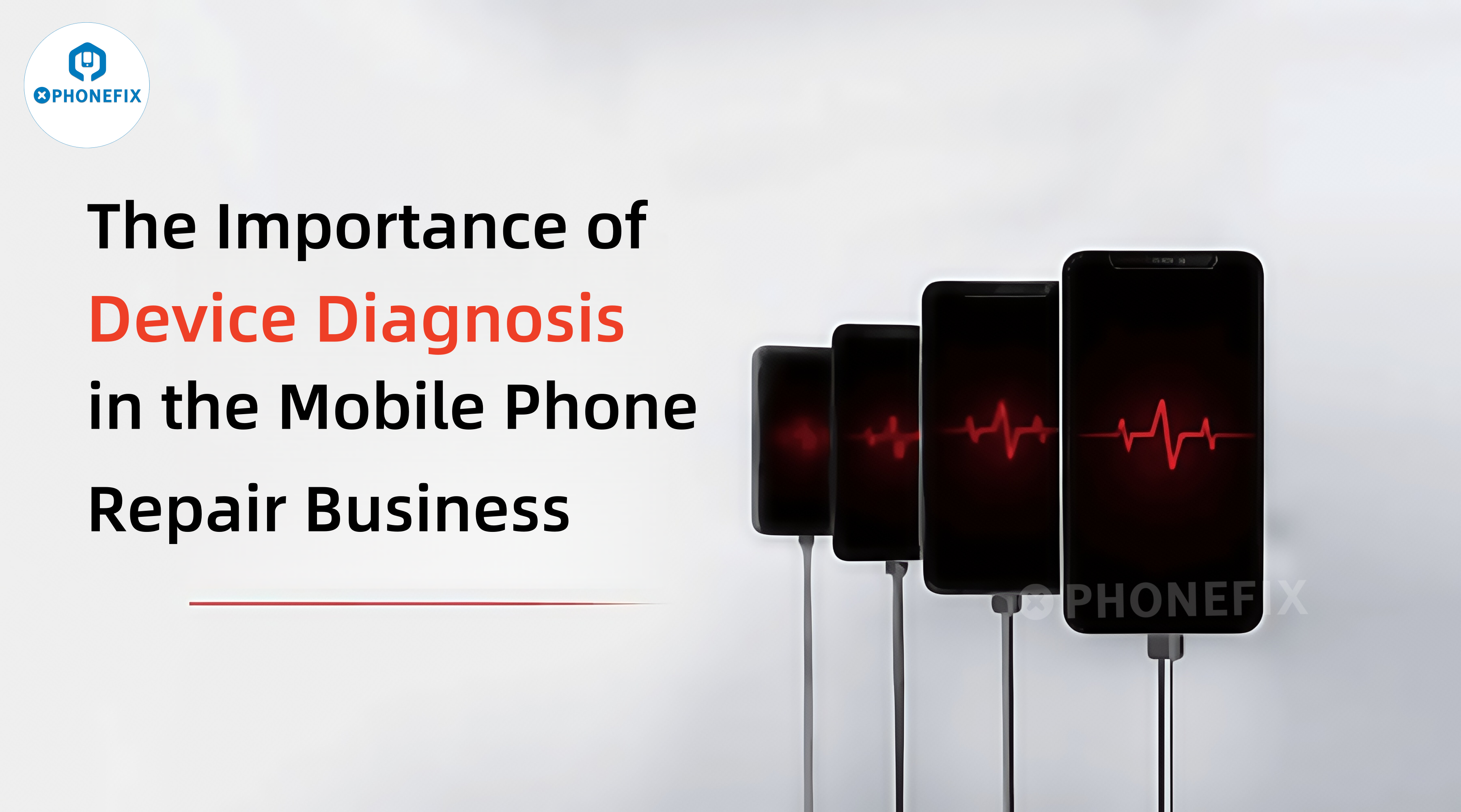 Mobile phones with red heartbeat lines on screens, highlighting device diagnosis in phone repair.