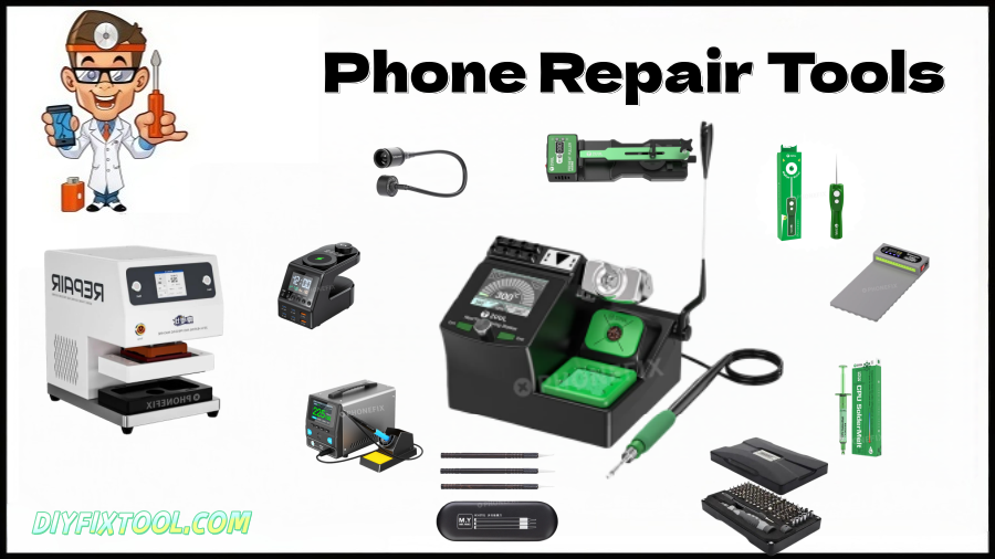 Various mobile phone repair tools and machines, including soldering station, screwdrivers, and repair kits on a white background.