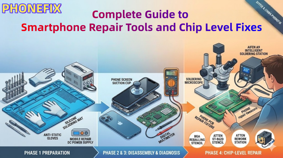 Infographic showing smartphone repair tools, soldering equipment, and chip-level diagnostics setup.