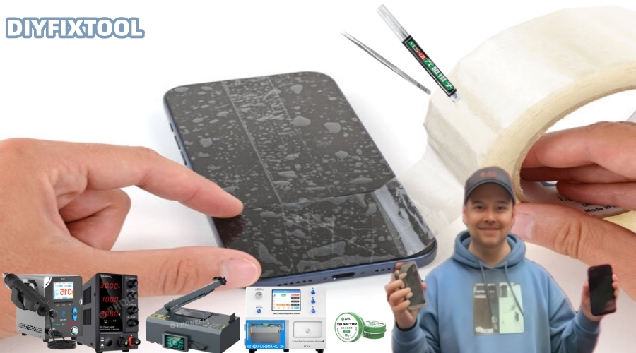 Mobile phone screen repair demonstration with tools, technician, and phone fixing equipment