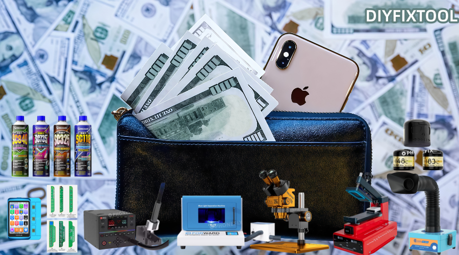 Wallet with cash and smartphone, surrounded by phone repair tools, components, and background of dollar bills