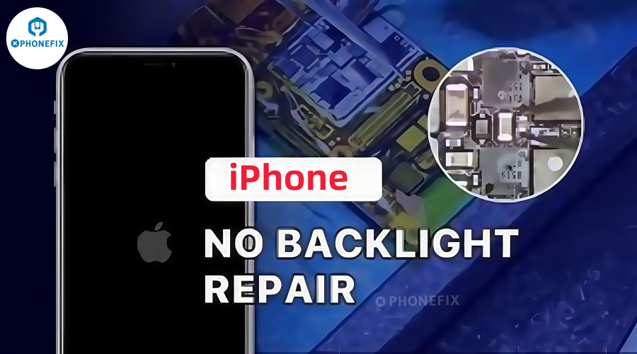 iPhone no backlight repair guide with smartphone and motherboard close-up
