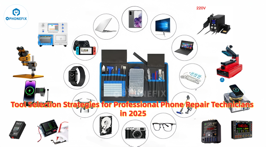 Mobile phone repair tool kit surrounded by electronic devices and tools, with text on tool selection strategies for professional phone repair technicians in 2025.