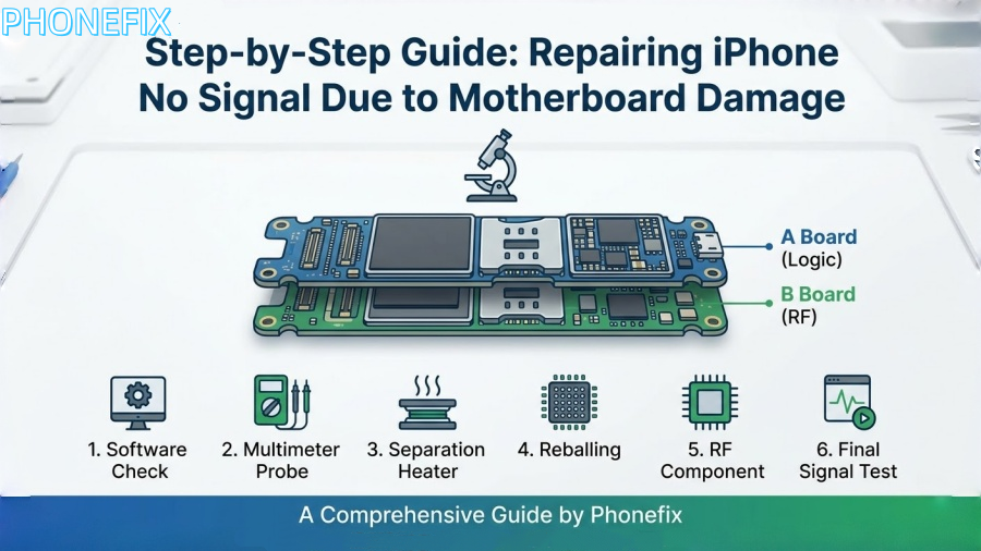 Step-by-step iPhone motherboard repair guide with labeled A and B boards and repair tool icons.