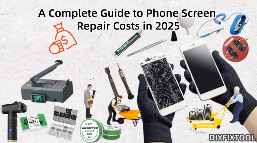 Phone screen repair guide 2025, tools, cracked smartphone, technician hands, repair cost icons