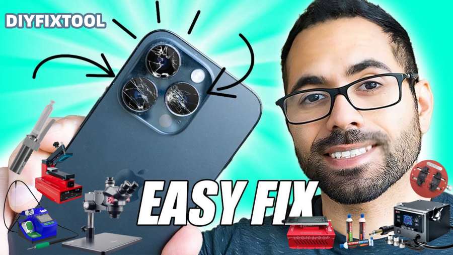 Man holding smartphone with cracked camera lens, surrounded by phone repair tools and 'EASY FIX' text.