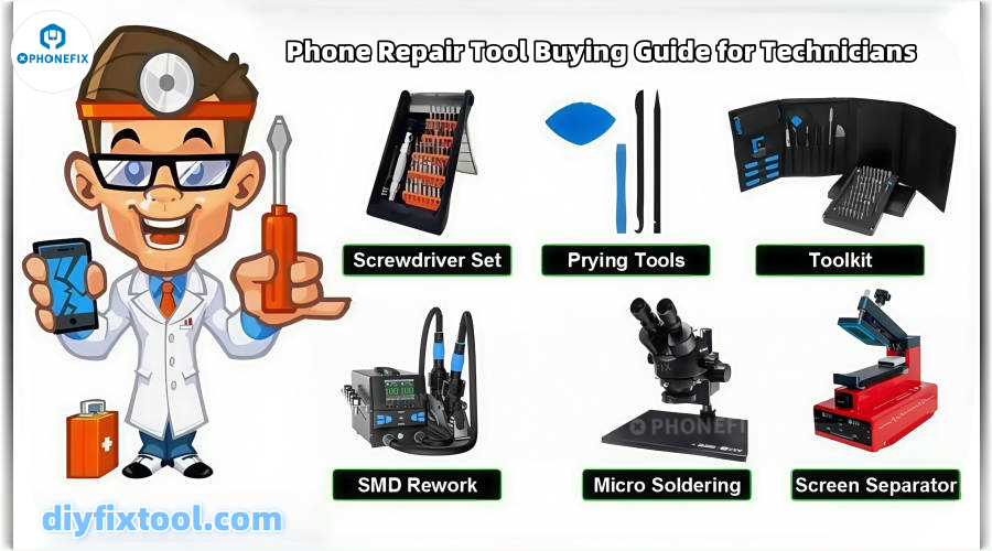 Phone repair tool guide for technicians with images of screwdriver set, prying tools, toolkit, SMD rework station, micro soldering, and screen separator machine.