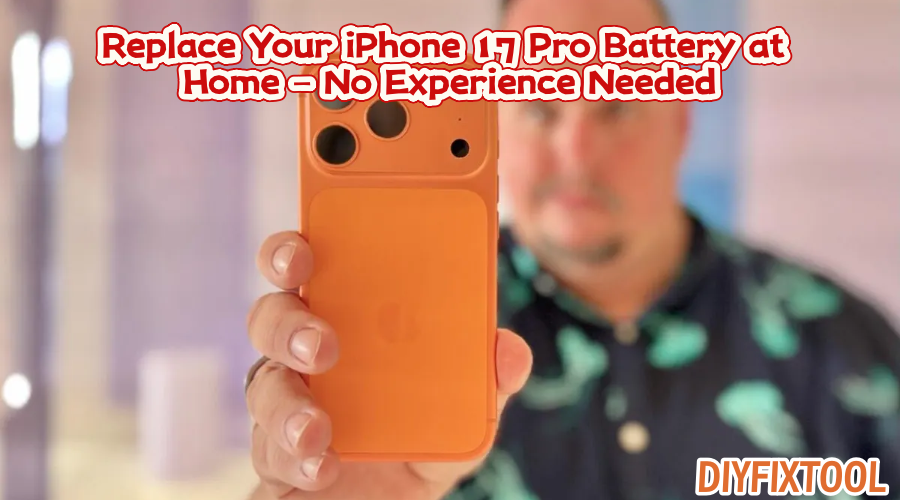 Person holding orange iPhone 13 Pro with text about easy battery replacement at home.