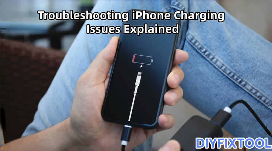 Person holding iPhone showing low battery charging error, troubleshooting charging issues.