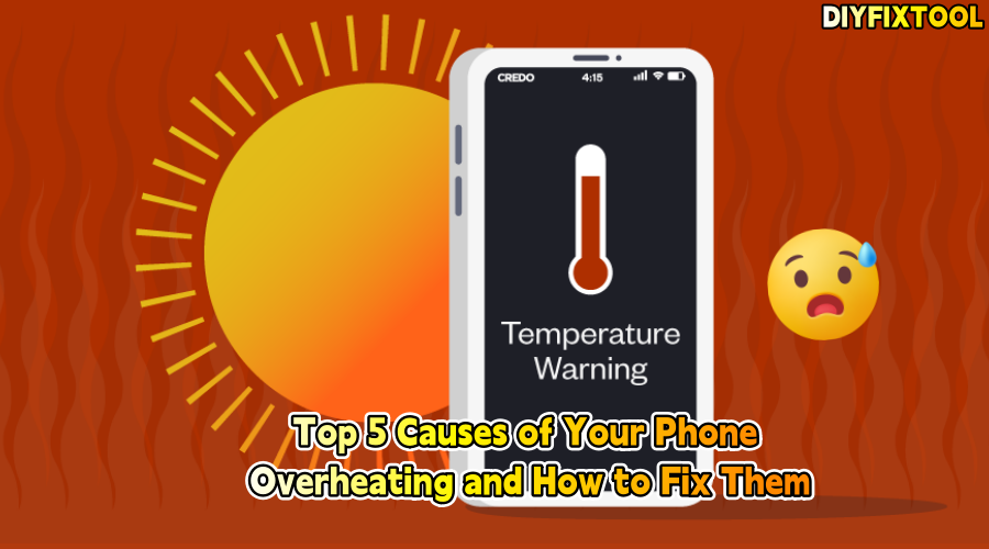 Smartphone showing temperature warning, sun in background, phone overheating alert graphic.