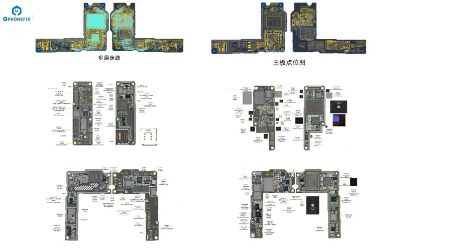 Mobile phone motherboard diagrams with labeled components and circuit layout for repair reference