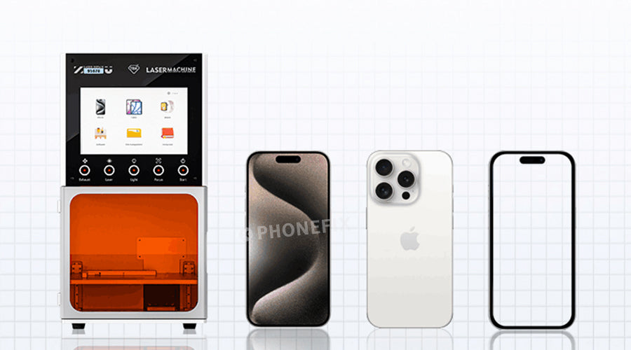 Laser marking machine with smartphone, phone back cover, and screen frame for mobile repair