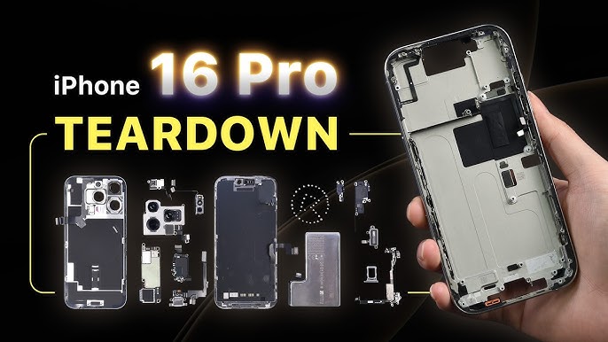 Hand holding iPhone 16 Pro with internal components and parts shown in teardown layout