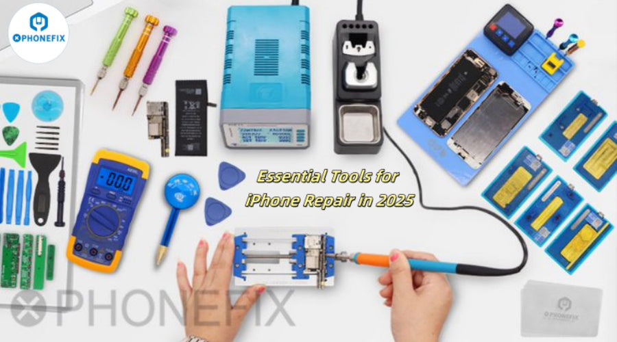 Mobile phone repair tools kit, soldering station, and disassembled smartphones on workbench.