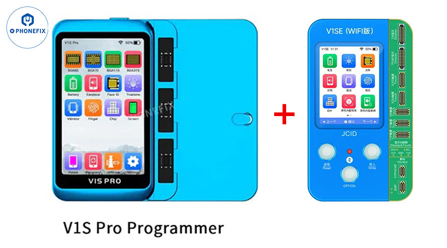 V1S Pro Programmer and V1SE tool for mobile phone repair, blue devices with touchscreen displays
