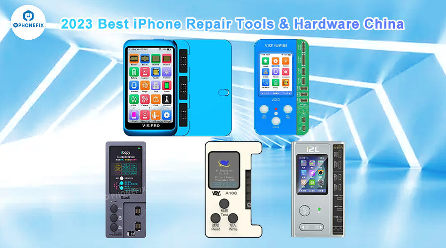 Top iPhone repair tools and hardware from China 2023, including diagnostic and programming devices.