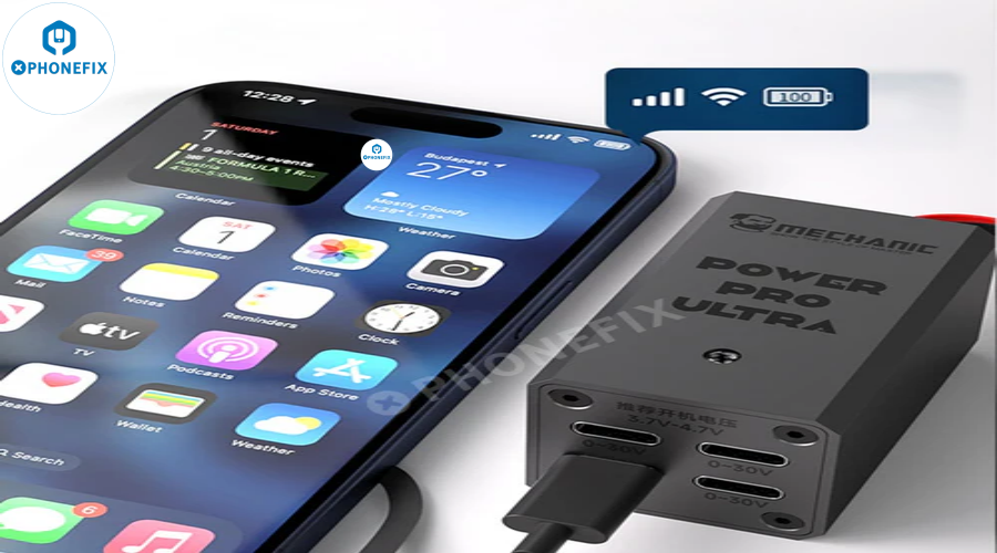 Mobile phone connected to MECHANIC Power Pro Ultra power supply for phone repair charging