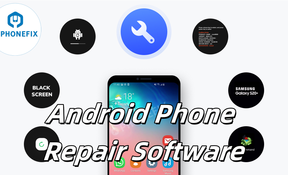 Android phone repair software graphic with smartphone and repair icons, black screen, Samsung Galaxy mention.