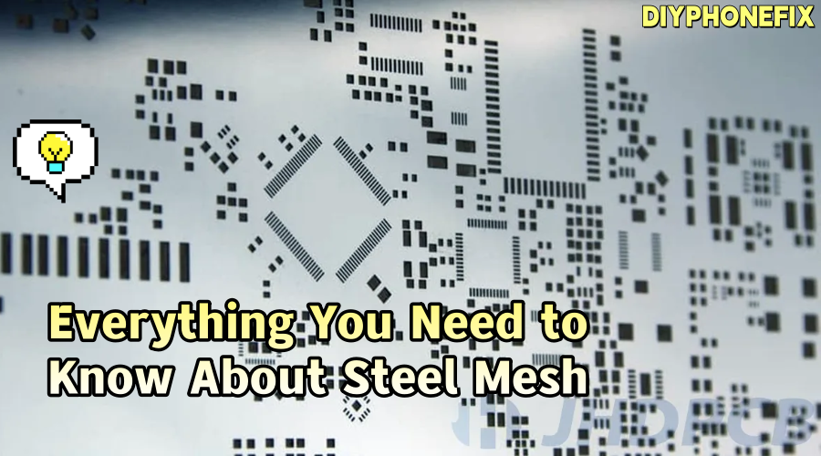 Close-up of BGA reballing steel mesh stencil for phone repair with article title overlay.