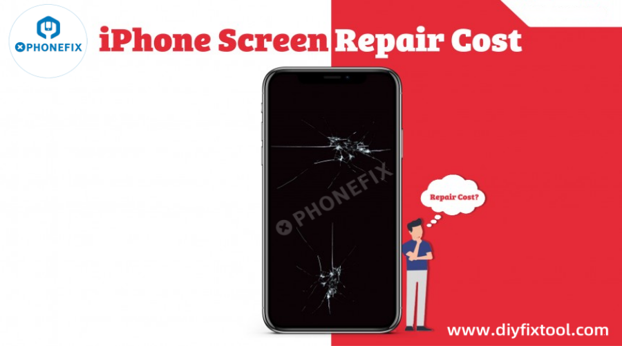 Cracked iPhone screen display with repair cost question and phone repair keywords, red background.