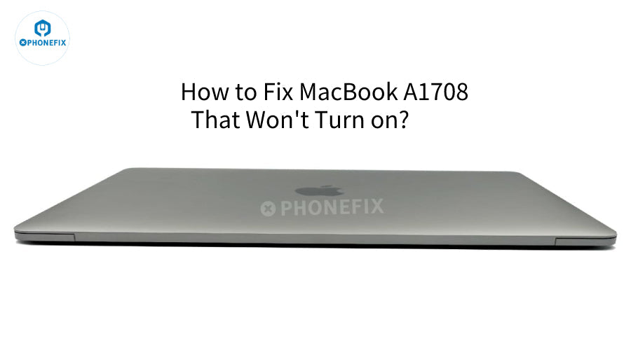 Closed MacBook A1708 laptop with text about troubleshooting power issues, repair guide concept.