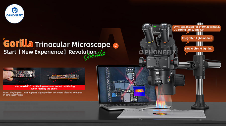 Gorilla trinocular microscope setup with integrated lighting, laser positioning, and PCB inspection on a laptop display, ideal for phone repair and electronics work.