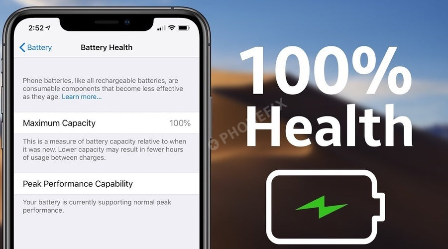 iPhone battery health screen showing 100% maximum capacity and battery performance icon