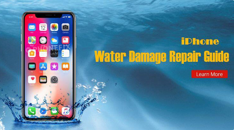 iPhone submerged in water with water damage repair guide text on blue background