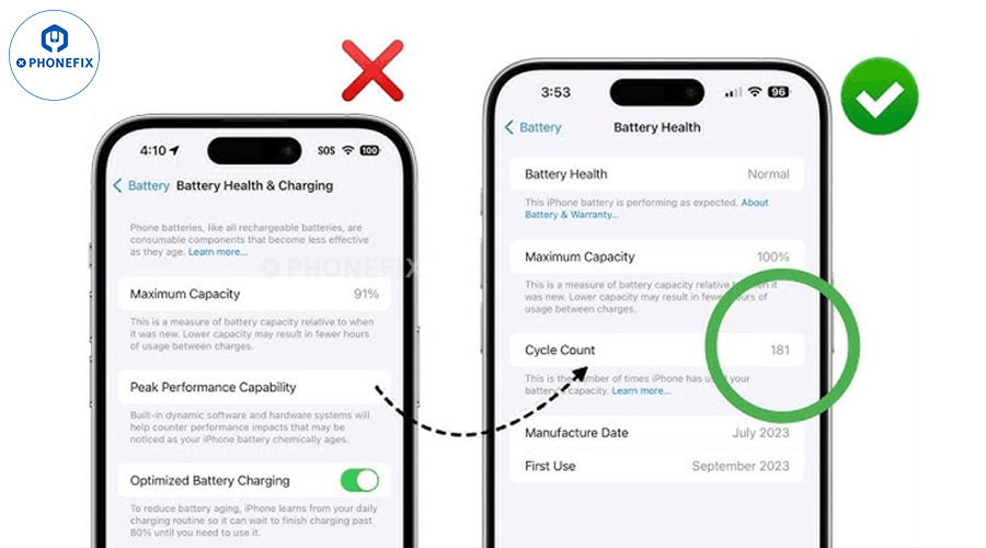 Comparison of two iPhone battery health screens showing maximum capacity and cycle count details.