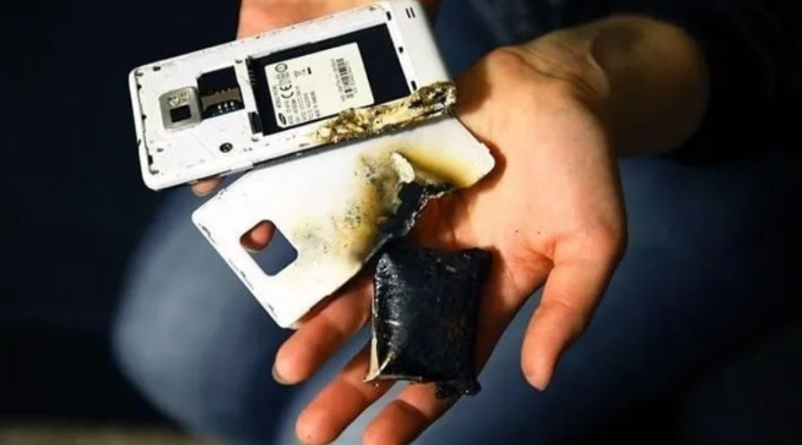Hand holding a damaged phone with burnt battery and melted back cover, overheating issue