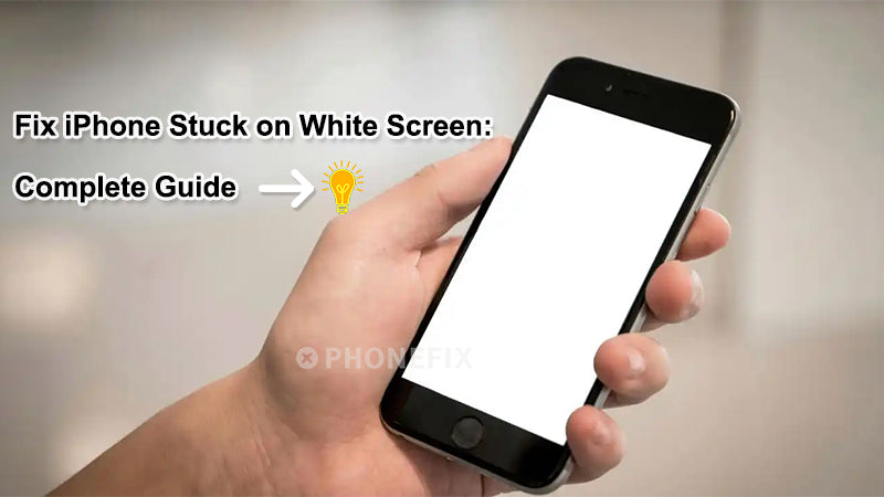 Hand holding iPhone with white screen issue, text overlay about fixing iPhone stuck on white screen.
