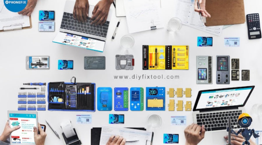 Mobile phone repair tools, kits, and electronic accessories laid out on a desk workspace.