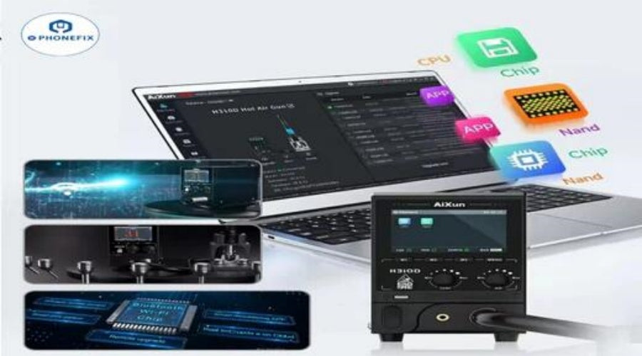 Laptop running phone repair software, hot air rework station, and chip components illustration.