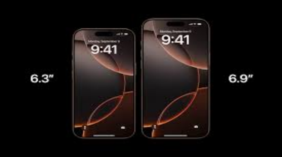 Two smartphones with black screens, 6.3 and 6.9 inch display sizes on black background