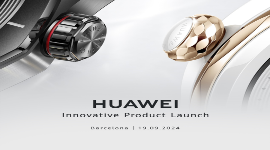 Close-up of two Huawei smartwatch crowns with metallic finishes, Innovative Product Launch, Barcelona event date September 19, 2024.