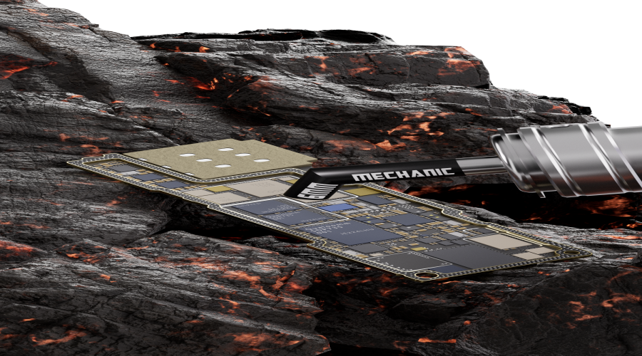 Soldering tool repairing a smartphone motherboard on volcanic rock, phone repair concept