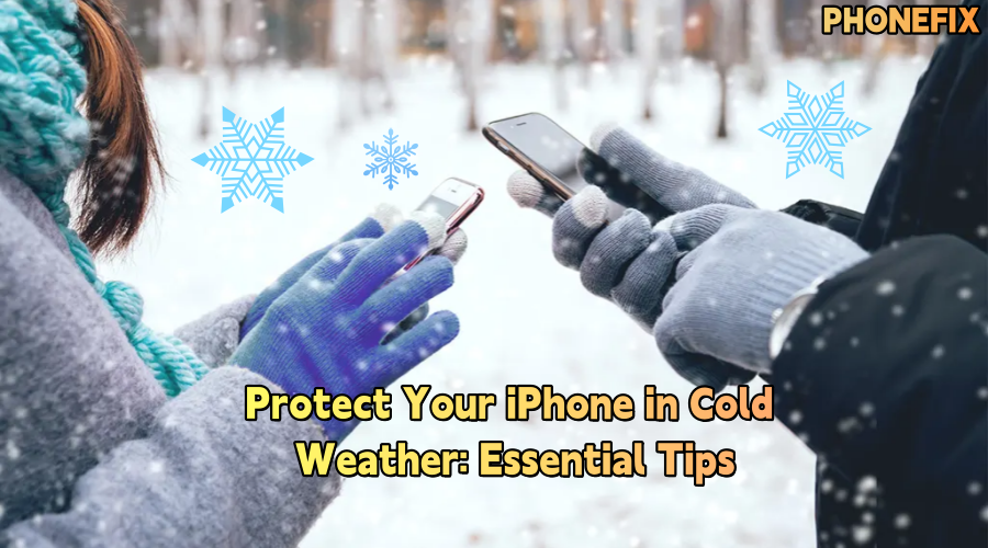 Two people using smartphones outdoors in winter gloves, snowy background, cold weather phone protection concept.