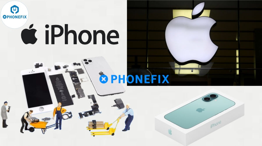 iPhone repair parts, technicians assembling components, Apple logo, iPhone box, repair tools