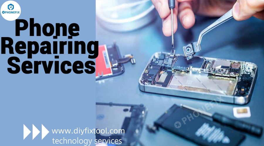 Technician repairing smartphone with precision tools, phone repair parts and tools visible.