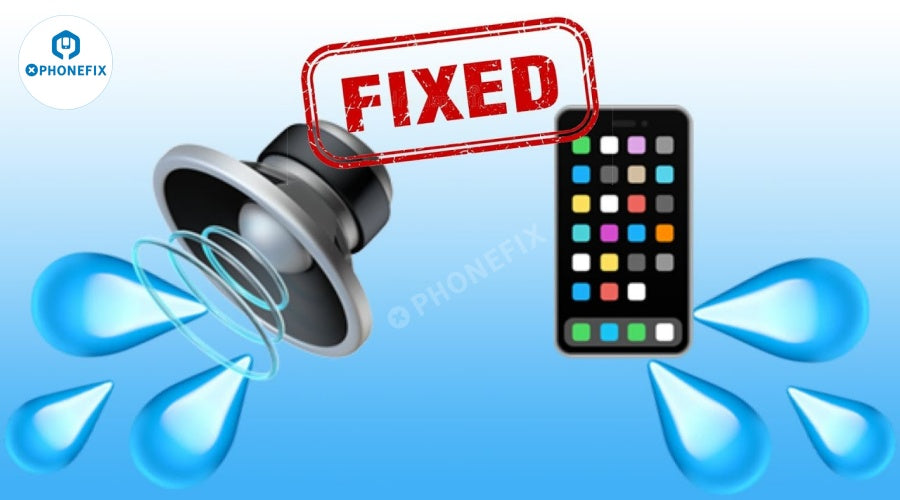 Mobile phone speaker water damage repaired, speaker and smartphone icons with droplets and 'FIXED' text.