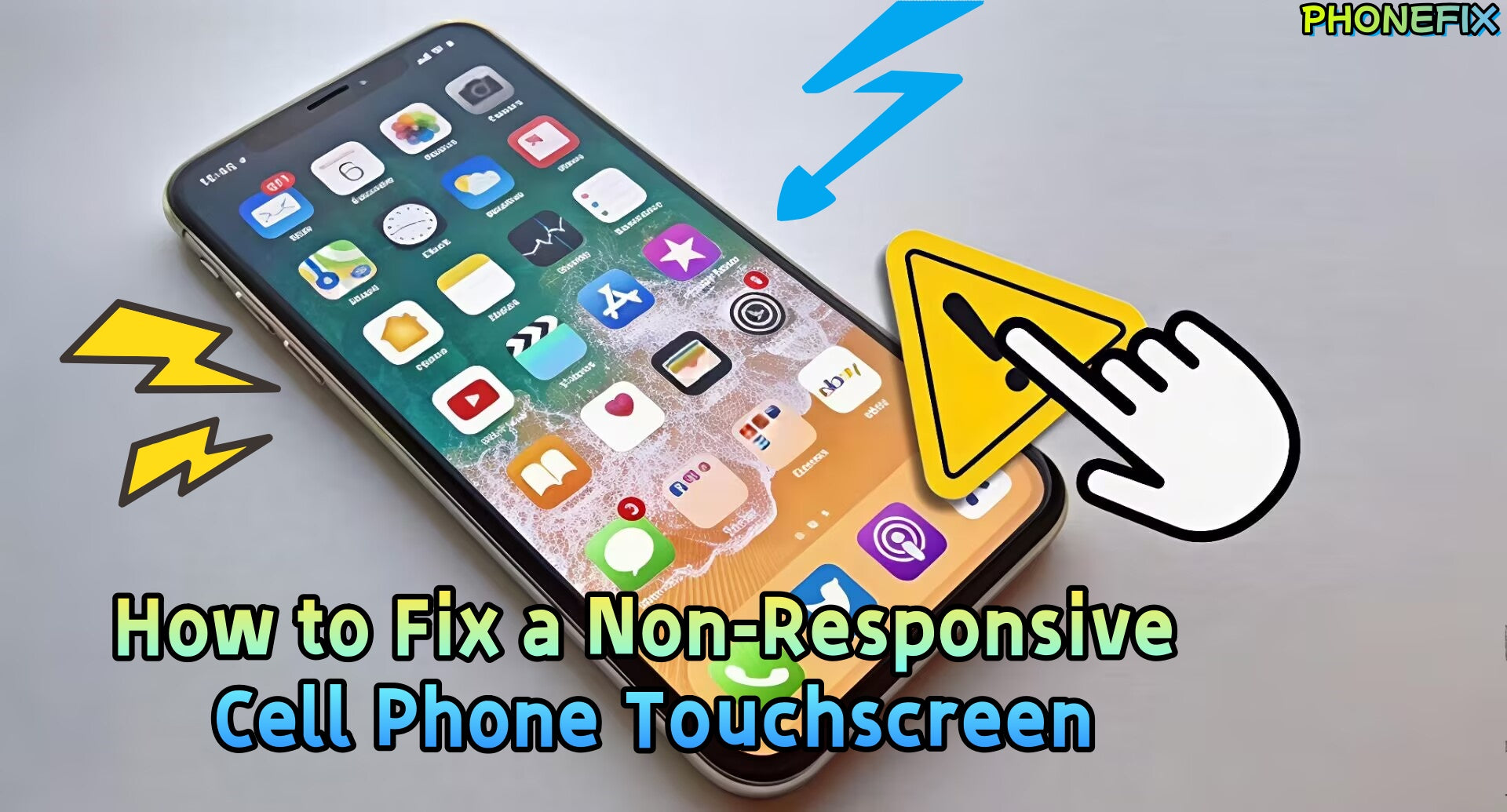 Smartphone with non-responsive touchscreen warning, repair tip icons, and solution guide text