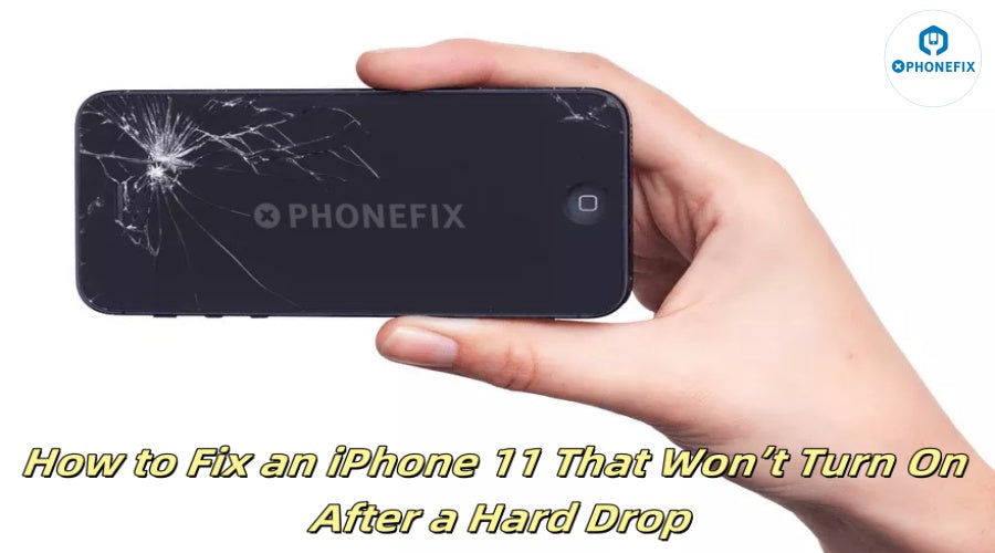 Hand holding a cracked iPhone 11 with repair guide text overlay, phone repair tools concept