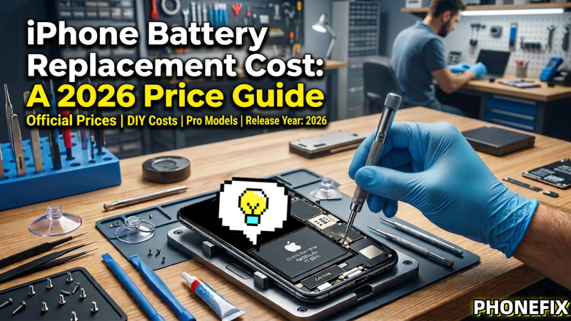 Technician in blue gloves repairing iPhone battery at workbench with tools, 2026 battery replacement guide text overlay