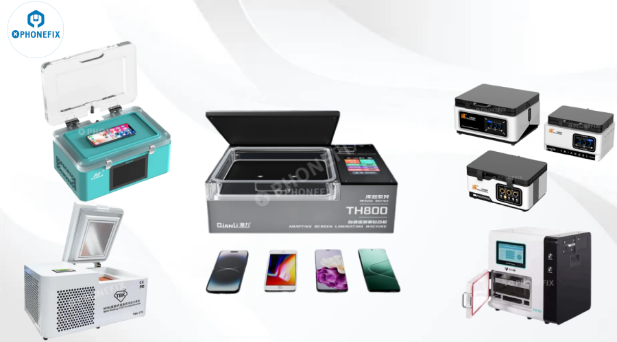 Mobile phone screen refurbishing machines and repair tools with smartphones displayed